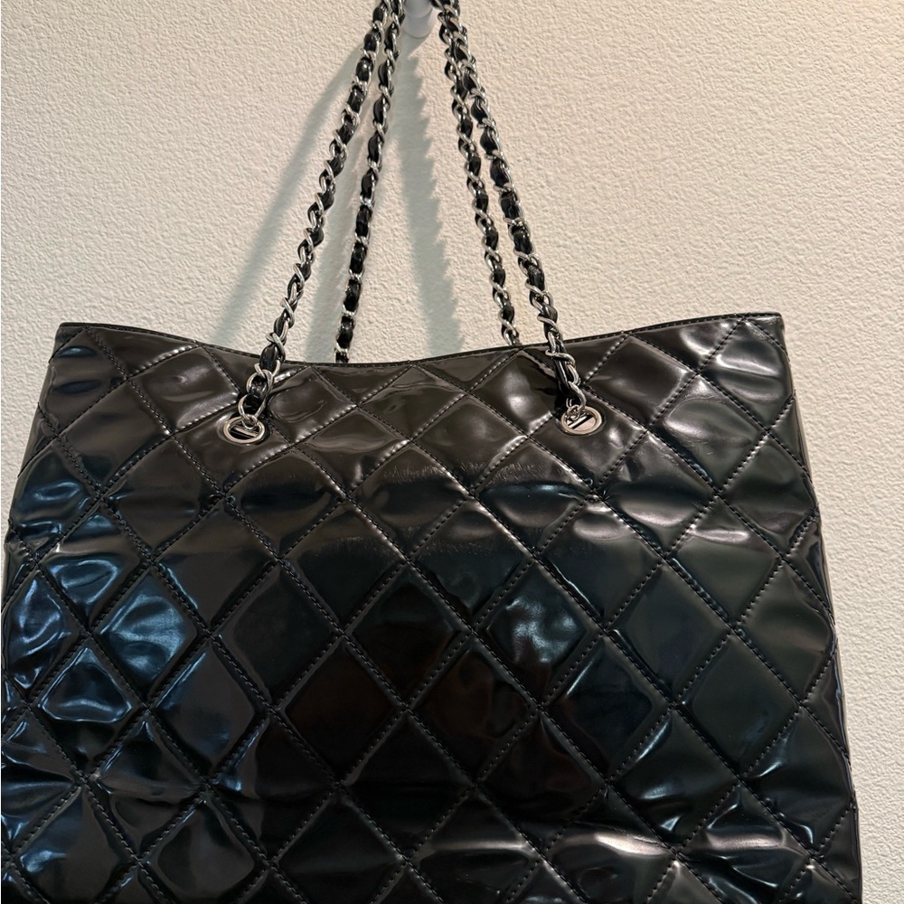 Chanel Black Quilted  Patent Leather Tote with Chain Shoulder Straps - Picture 2 of 13